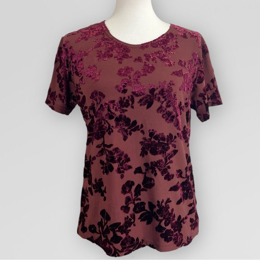 Vintage Velvet Floral Blouse, Large. Burgundy maroon semi sheer t-shirt top